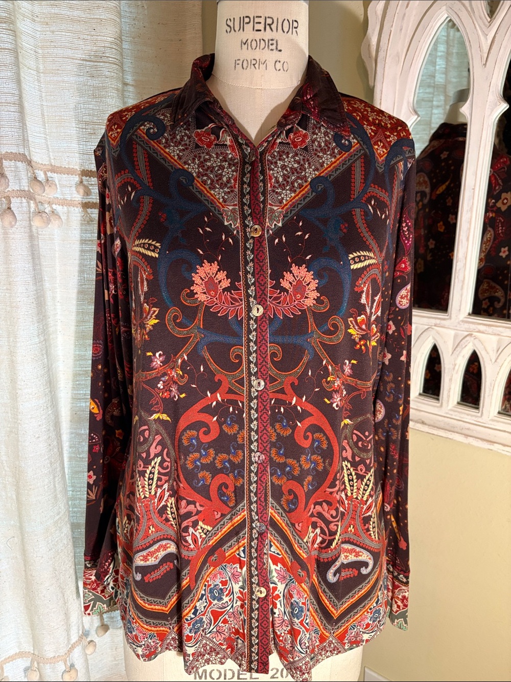 Johnny Was Long Sleeve Paisley Button-Up in Red, Navy, Rust